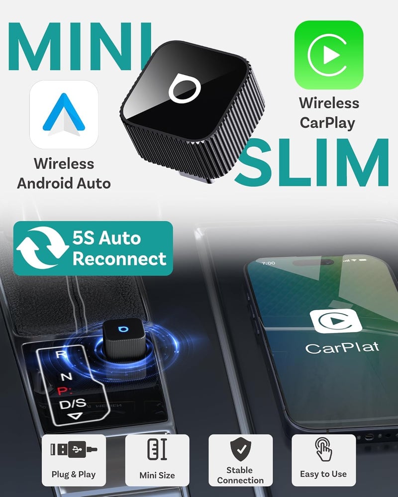 Ottocast Mini Cube 3.0 USB C Wireless CarPlay & Android Auto Adapter 2026– Plug & Play, Fast Auto-Reconnect (Black) - Image 4